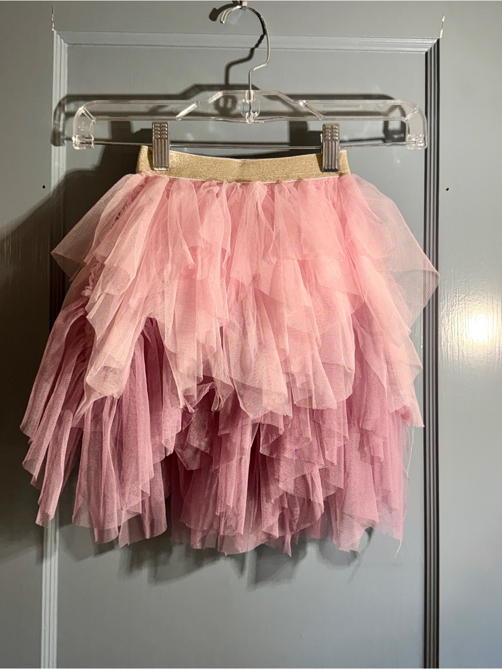 Pink Layered Tulle Skirt with Gold Waistband - Girls